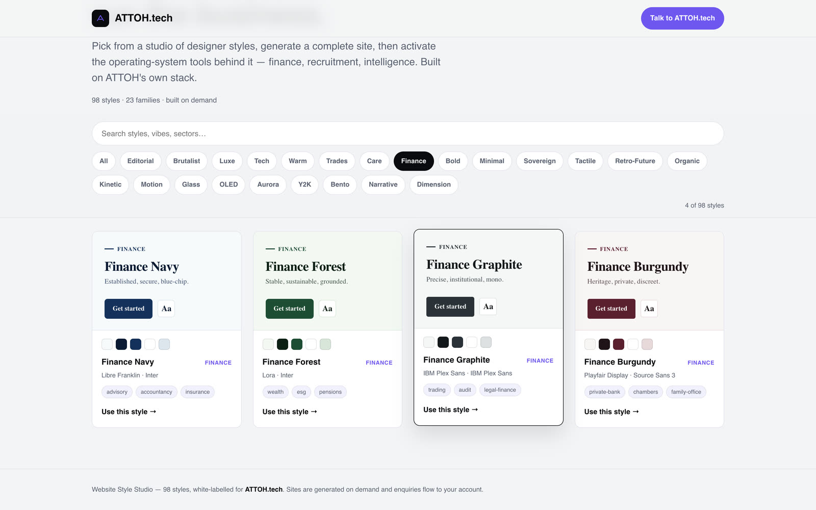 The Style Studio filtered to the Finance family: four website styles — Finance Navy, Forest, Graphite and Burgundy — each rendering its own typeface, palette and target sectors, with a "Use this style" link.